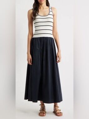 NWT Moon River Striped Tank Top Maxi Dress in White and Dark Olive Green